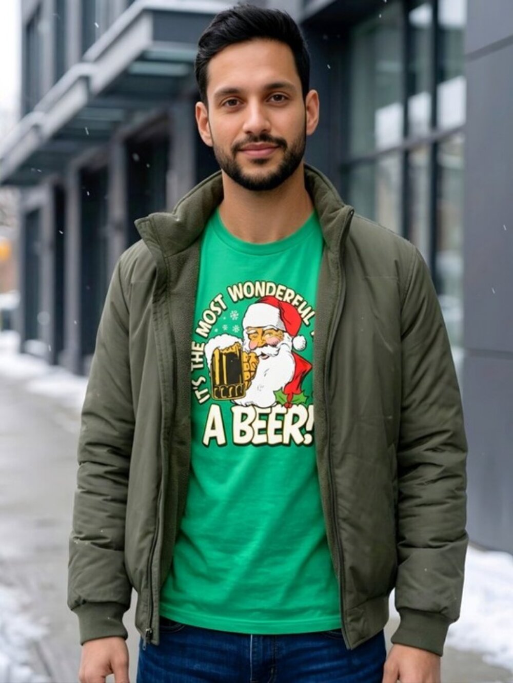 MAD Engine ✦ Green Holiday Tee ✦ Santa Likes Beer Too Graphic Shirt Festive NWT
